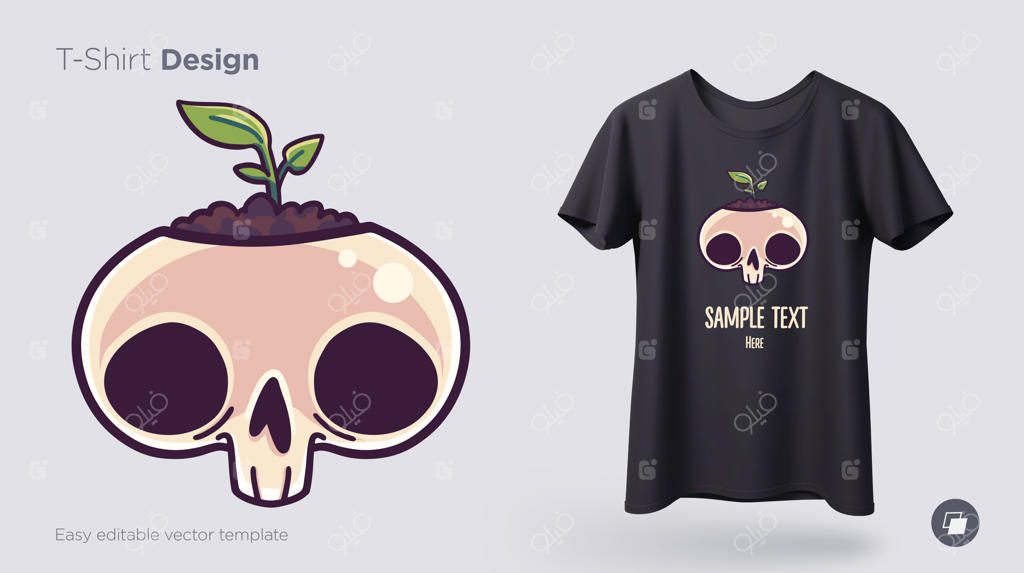 طرح تی‌شرت جمجمه با جوانه برای چاپ روی لباس، پوستر یا سوغاتی‌ها - تصویر وکتور