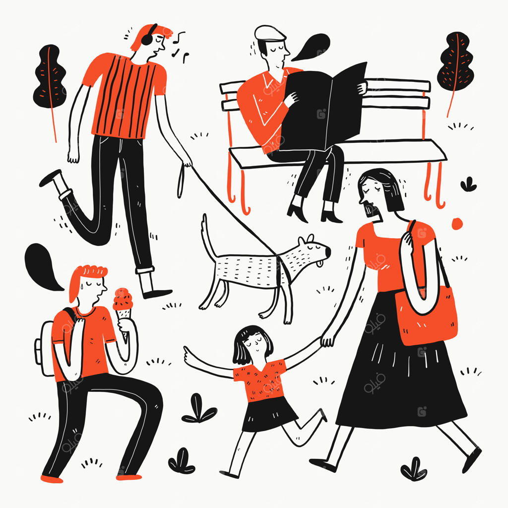 مجموعه‌ای از نقاشی‌های دستی افراد در پارک.