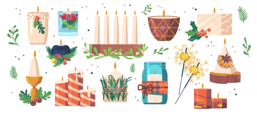 مجموعه شمع‌های دست‌ساز کریسمس، عناصر طراحی جداگانه بر روی زمینه سفید. دکوراسیون زمستانی برای جشن‌های تعطیلات، فشفشه، شیشه، شمع‌های تزئین شده با شاخ و برگ. تصویرسازی کارتونی.