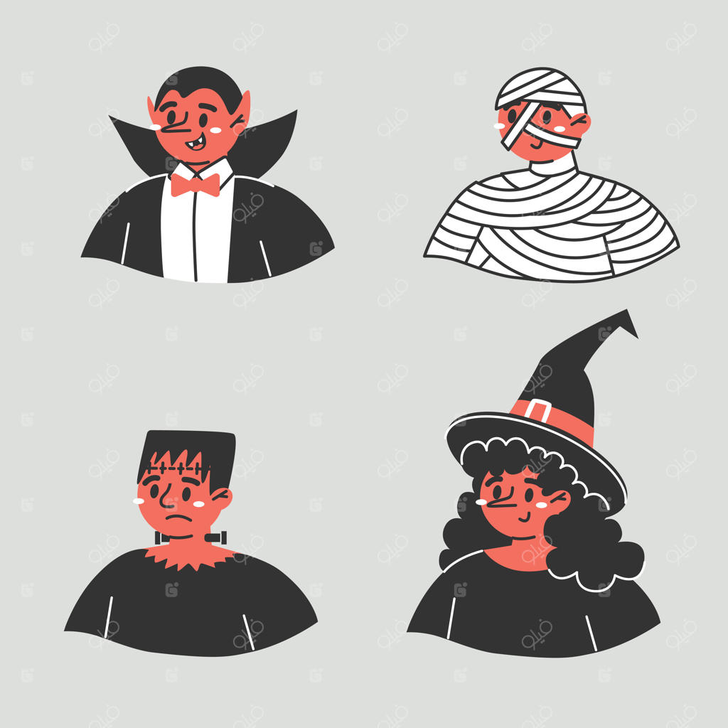 مجموعه‌ای از شخصیت‌های بامزه برای هالووین: چهار تصویر از شخصیت‌های کارتونی.