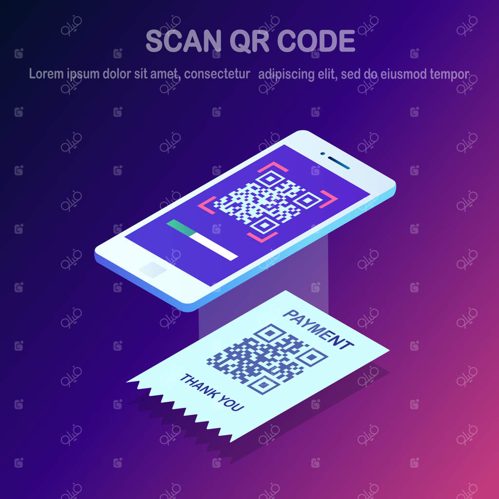 اسکن کد QR به تلفن: گوشی هوشمند سه‌بعدی ایزومتریک، بارکد خوان موبایل، اسکنر با رسید پرداخت. پرداخت دیجیتالی الکترونیک با گوشی هوشمند.
