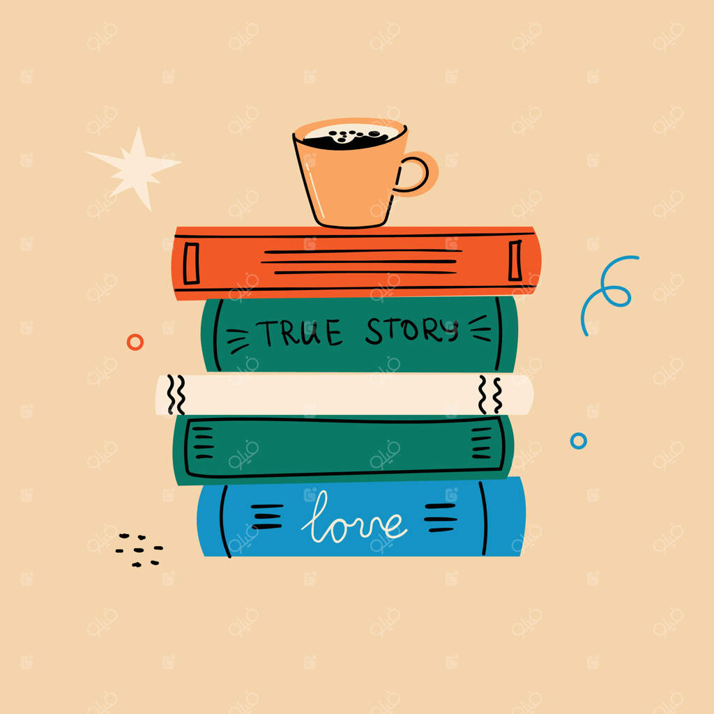 طرح کتاب: کارت مفهومی خوانندگان خوشحال که در حال پرواز یا نشسته و در حال خواندن کتاب هستند.