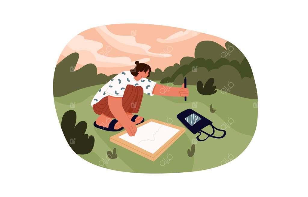 نقاشی در فضای باز هنرمند مدرن با کاغذ و مداد در حال طراحی منظره تابستانی زن در حال کشیدن نقاشی تصویر برداری تخت رنگی از فضای باز در پس‌زمینه سفید