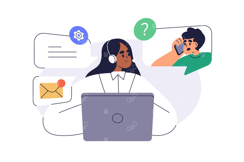 تصویر وکتور تخت خدمات پشتیبانی و مرکز تماس آنلاین مشتریان، راهنمایی و حل مشکلات ارتباطی توسط مشاور، ایزوله شده در پس‌زمینه سفید