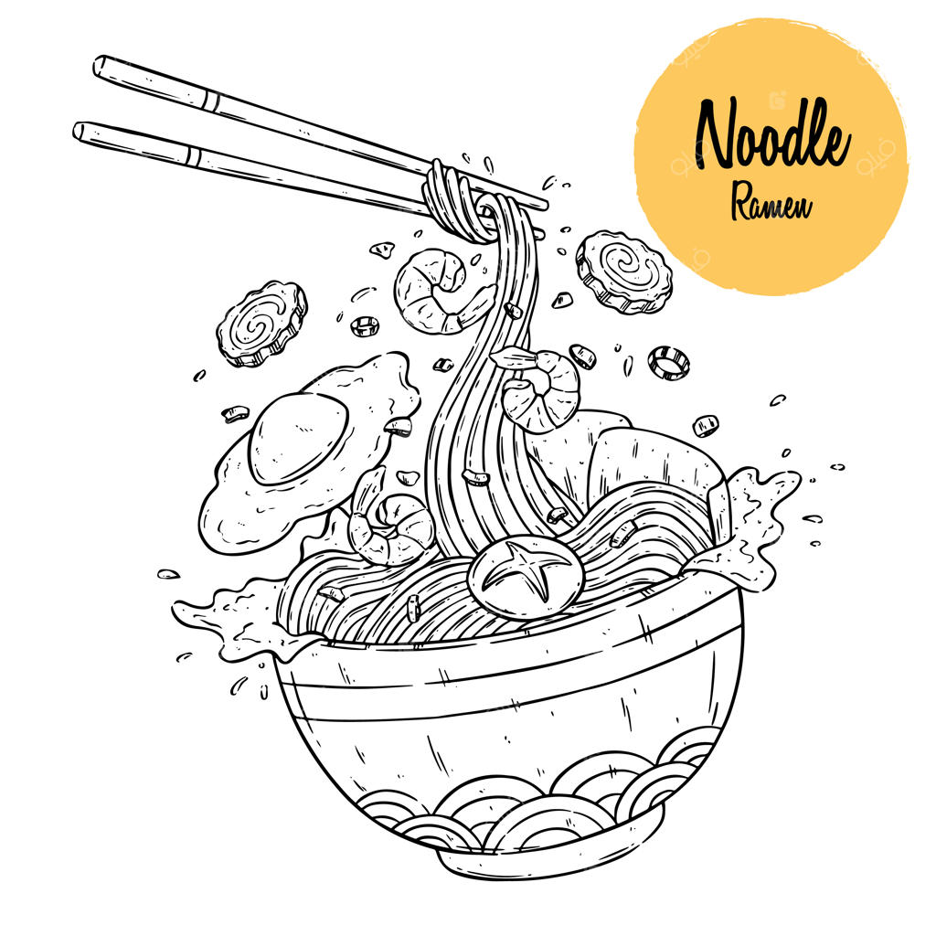 طرح نودل آسیایی در حال پرواز از کاسه با چاپستیک‌ها. اسکچ نودل ژاپنی وکتور.