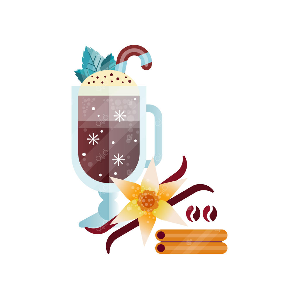 طرح وکتور نوشیدنی قهوه معطر با وانیل، خامه زده شده و دارچین در فنجان شیشه‌ای روی پس‌زمینه سفید