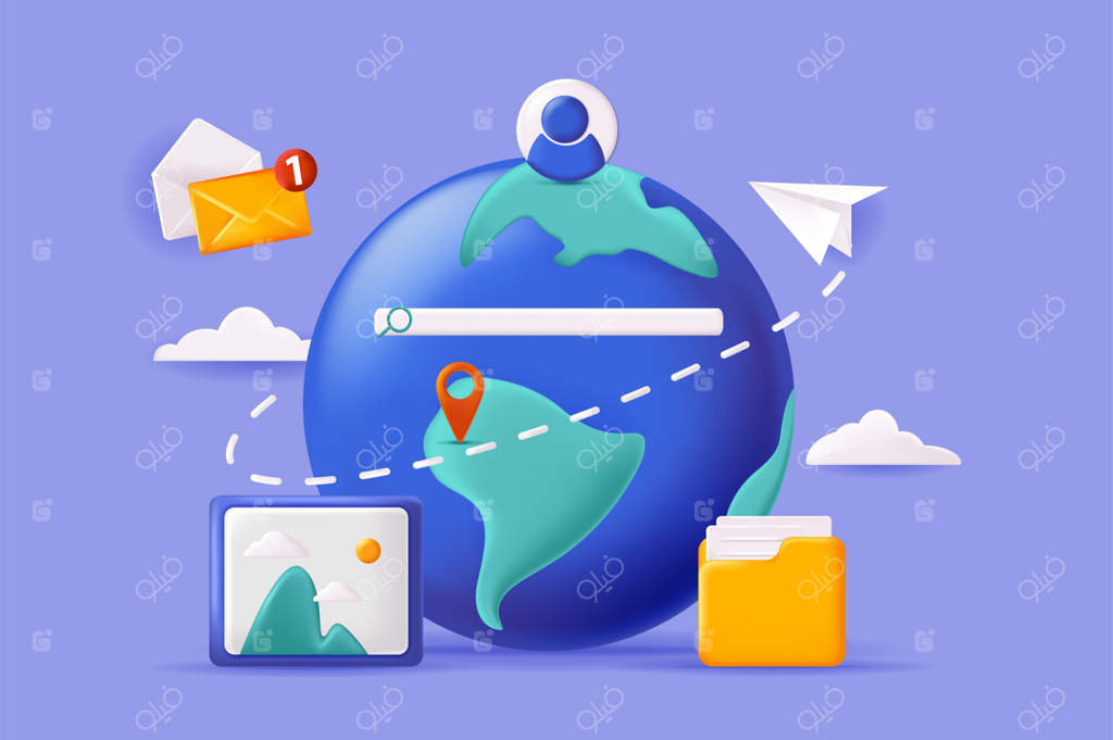 مفهوم جستجوی جهانی - تصویرسازی سه‌بعدی: جستجوی اطلاعات و محتوای گرافیکی، ایمیل‌های ورودی و خروجی، اینترانت و شبکه‌سازی. تصویرسازی وکتور برای طراحی بنرهای وب مدرن.