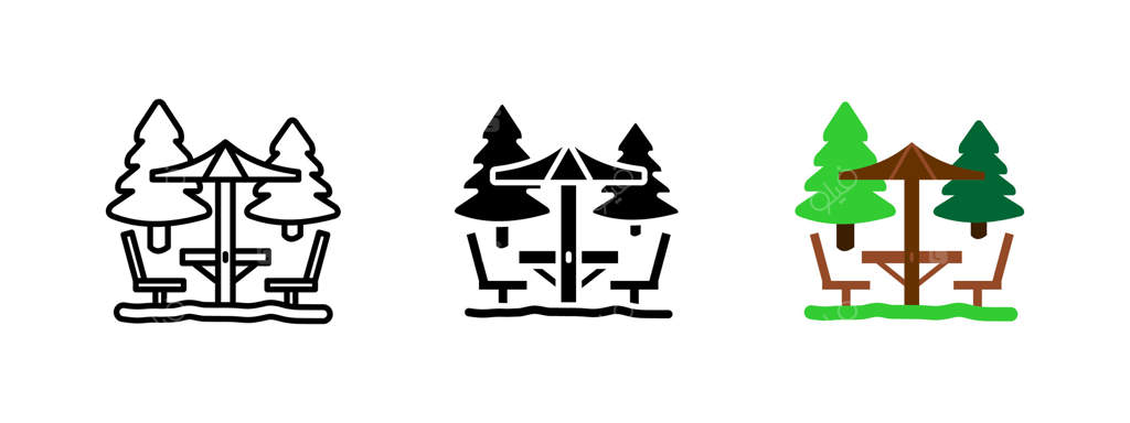 آیکون منطقه پیک‌نیک در فضای باز: محیط پارک با میز و نیمکت برای غذاخوری و استراحت در طبیعت. تصویرسازی تفریح در طبیعت. مفهوم حیاط باغ. پیکتوگرام محل غذاخوری و استراحت.