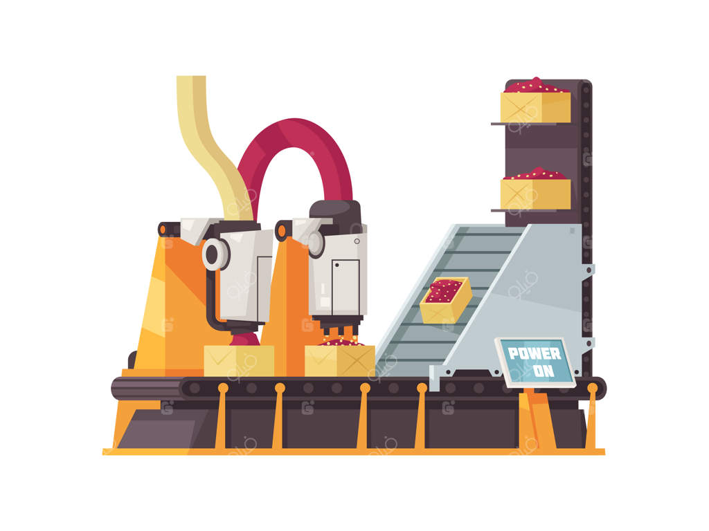 ماشین‌آلات اتوماتیک کارگاه، جعبه‌ها را روی نوار نقاله پر می‌کنند