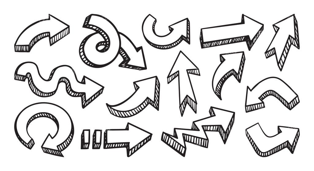 پیکان‌های سه‌بعدی دست‌کشیده با اشکال و جهت‌های متنوع، تصویرسازی کارتونی