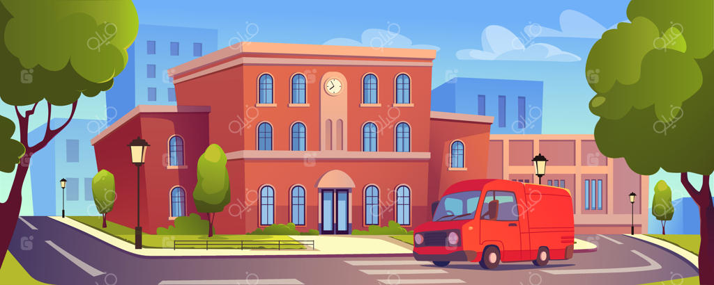 بنر طراحی بازی با موضوع ساختمان مدرسه و پس‌زمینه اتوبوس. نمای بیرونی کالج یا دانشگاه با ورودی و پنجره‌ها، ماشین متوقف شده در خیابان شهر با خط عابر پیاده و درختان. تصویرسازی کارتونی