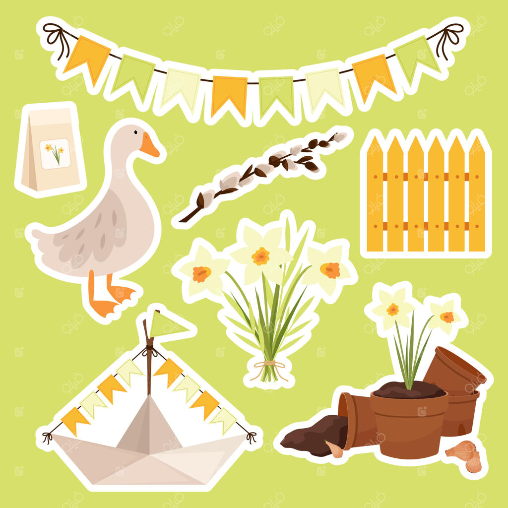 مجموعه برچسب‌های بهاری: گل‌های نرگس، غاز، کشتی کاغذی، بذر گل، ریسه جشن، گلدان‌های باغی. تصویرسازی تخت.