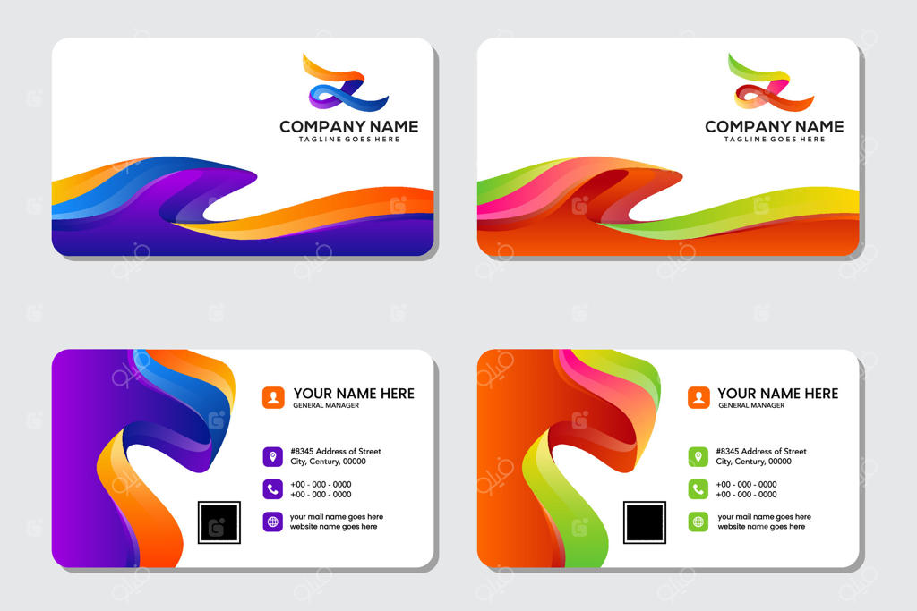 مجموعه طراحی لوگوی حروف Z با گرادیان رنگارنگ، همراه با عنصر موج رنگی بر روی کارت ویزیت با طراحی افقی.