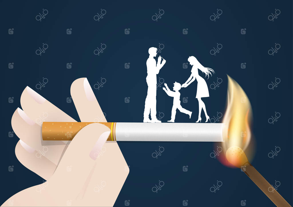 مفهوم روز جهانی بدون دخانیات، خطر فندک سیگار برای همسر و فرزند در آتش یکسان سوختن.