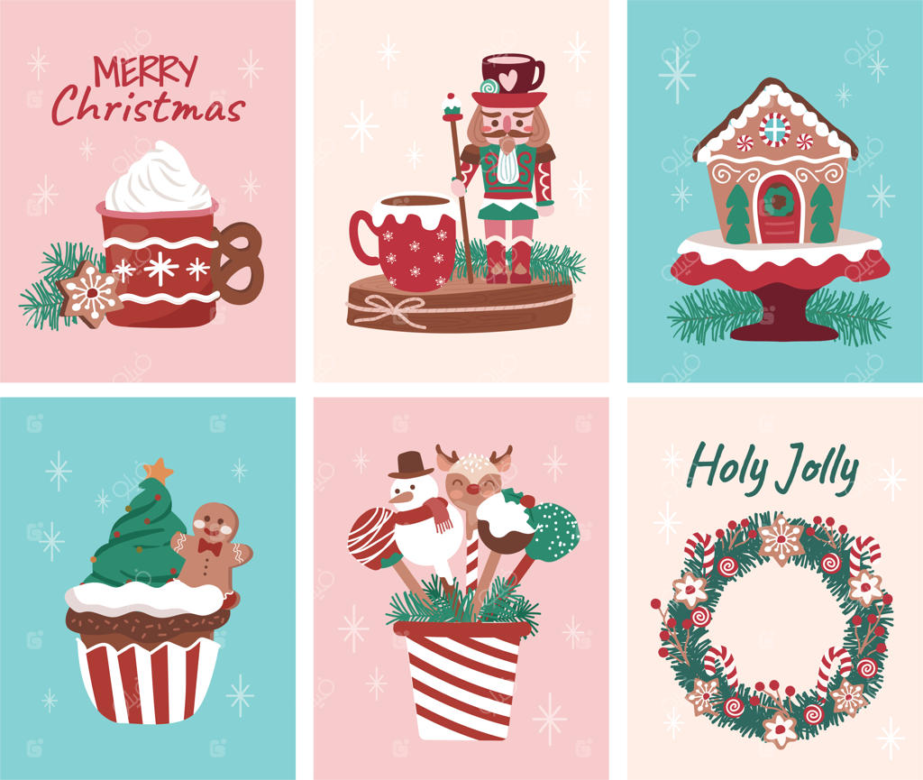 مجموعه دسرهای تعطیلات: تصویر آجیل‌شکن و شیرینی‌ها برای کارت‌ها، رسانه‌ها، پارچه و کاغذ دیواری