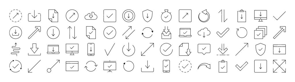 مجموعه آیکون‌های خطی فلش گرد، جهت، فلش بالا و فلش پایین. علائم خطی برای طراحی گرافیکی، وب، برنامه‌ها، تبلیغات و کارت‌های متنوع.