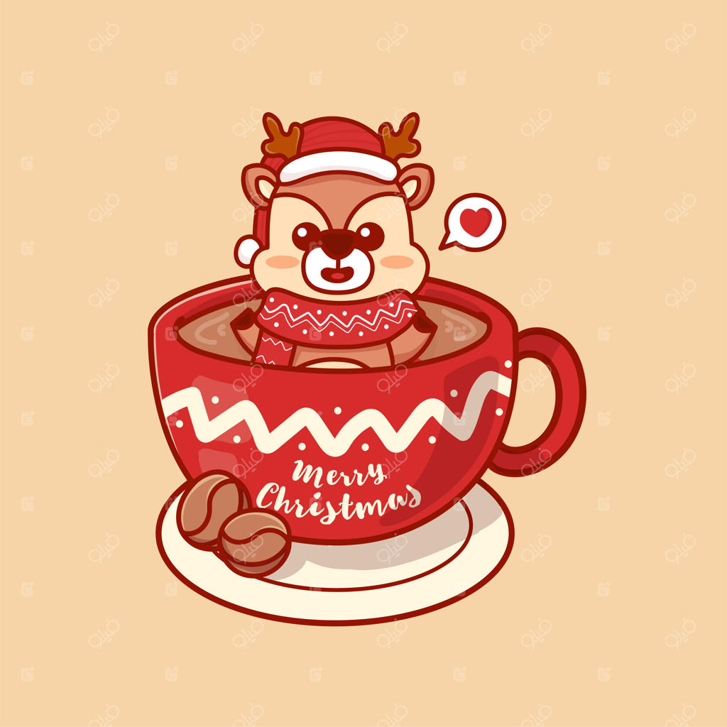 تصویر گوزن شمالی بامزه در فنجان قهوه برای کارت. متن تبریک کریسمس مبارک. به سبک کاوایی