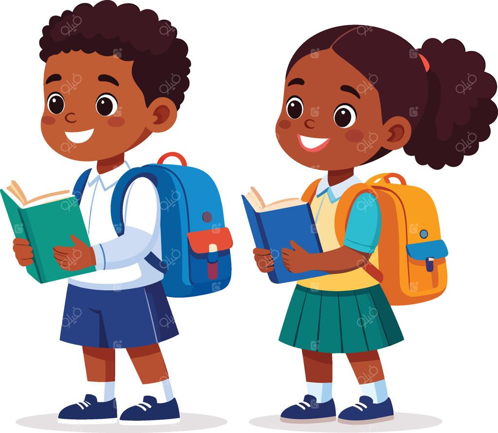 تصویرسازی کارتونی فلت از کودکان دانش‌آموز آفریقایی-آمریکایی شاد با کوله‌پشتی در حال کتاب‌خواندن؛ با موضوع آموزش، یادگیری و بازگشت به مدرسه