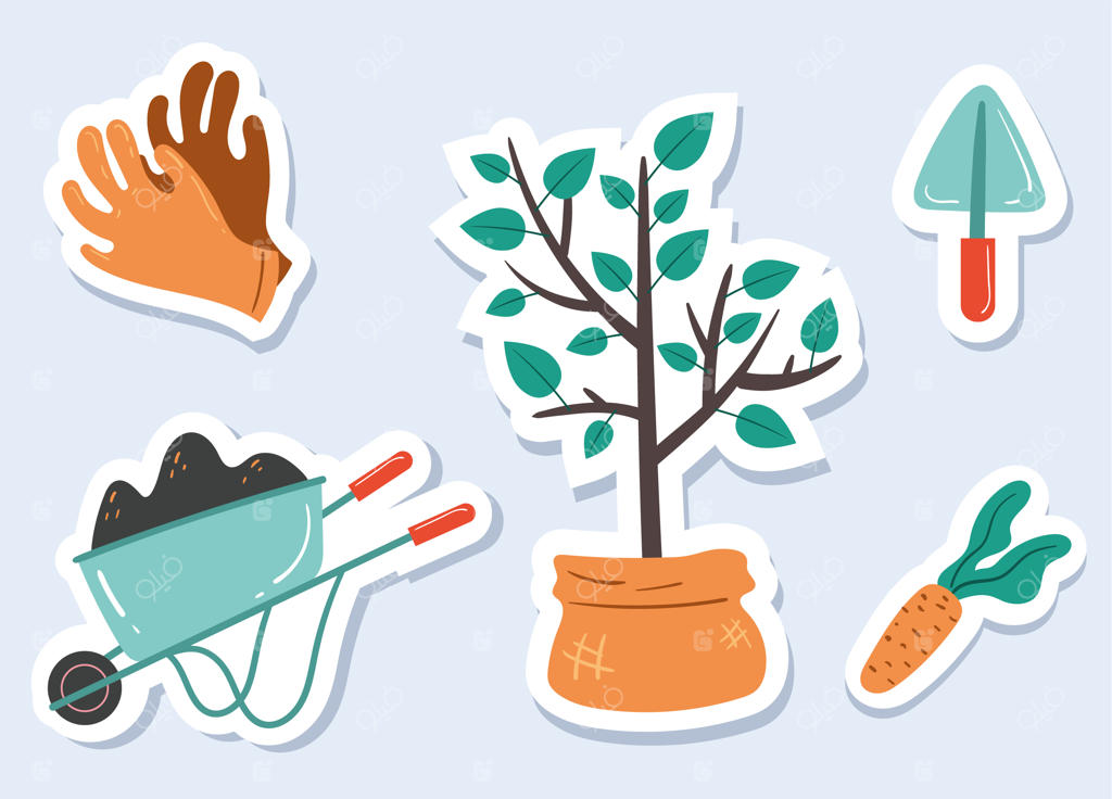 ابزارهای کشاورزی و باغبانی - مجموعه برچسب‌های کارتونی و طراحی‌های جداگانه