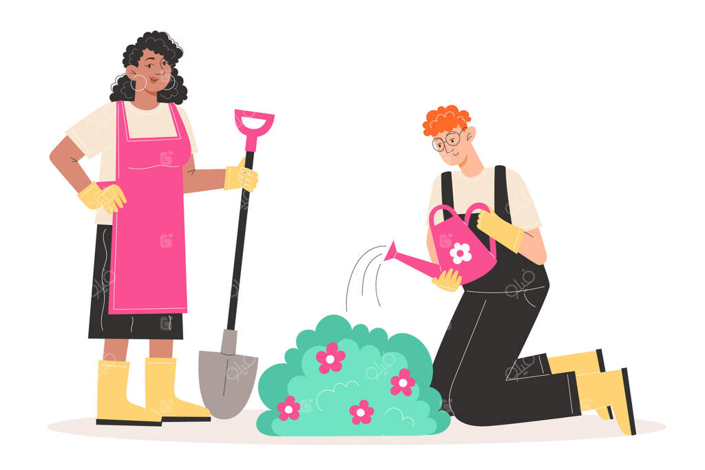 زنی بیل به دست و مردی در حال آبیاری گل‌های باغچه است