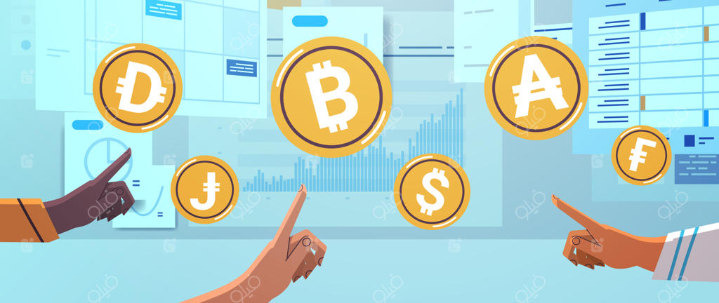 دست‌های نژادهای مختلف در حال لمس سکه‌های طلایی: مفهومی از ارزهای دیجیتال