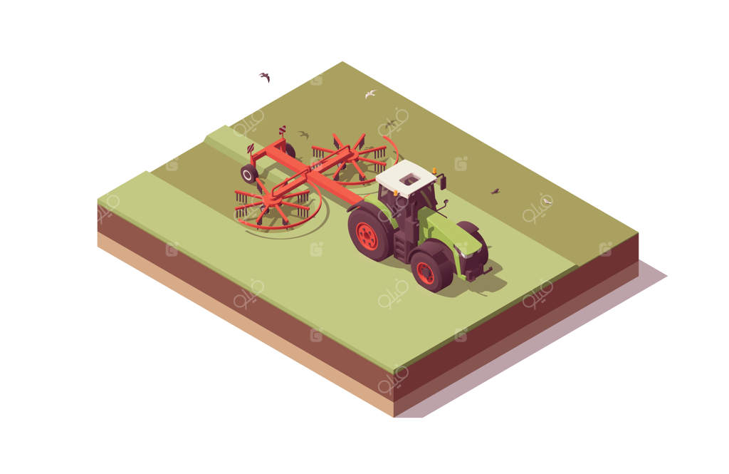 ترکیب تراکتور ایزومتریک: تراکتور سبز کم‌پلی با ریک دوار قرمز برای جمع‌آوری علوفه در وکتور ایلاستریتور