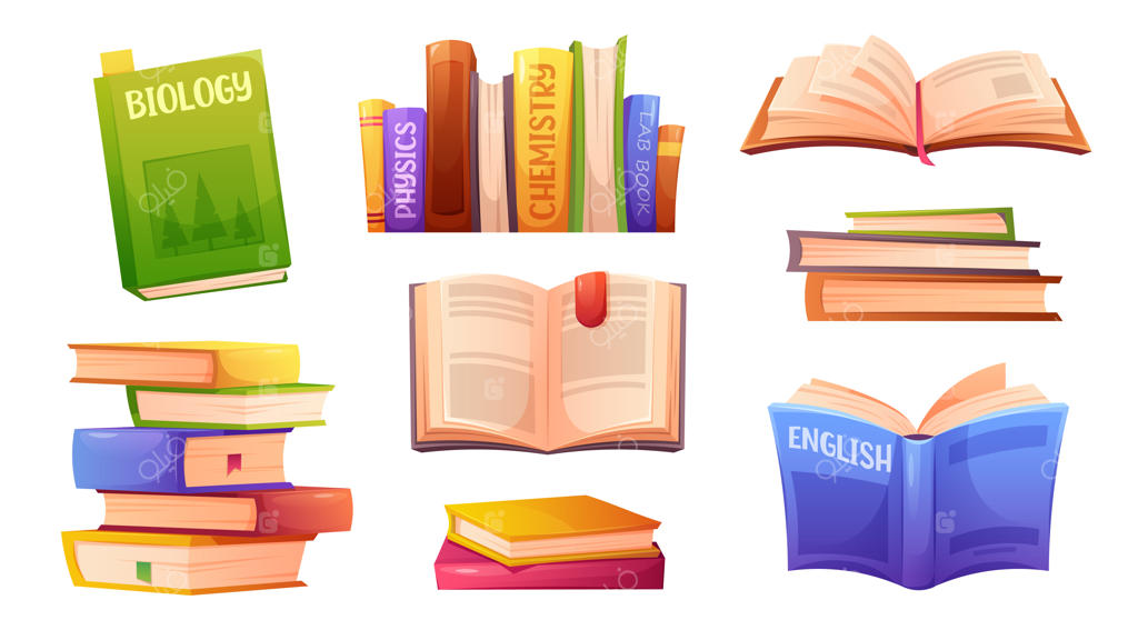 مجموعه آیکون‌های وکتور کتاب‌های مدرسه و دانش‌آموز، کتاب‌های درسی، قفسه کتاب و کتاب‌های باز