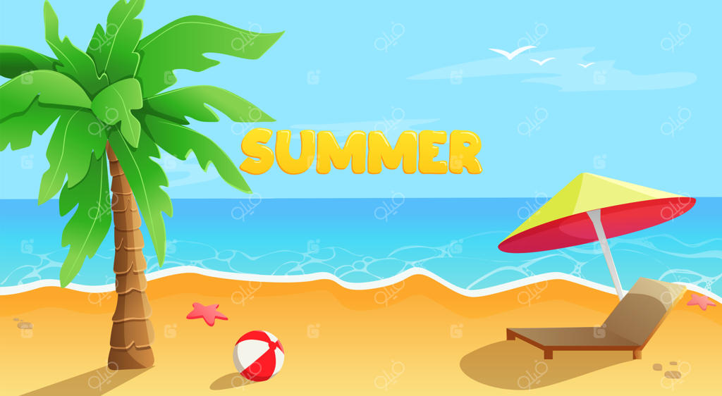 نمای جذاب ساحل دریا با چتر نخل و تخت آفتاب‌گیر