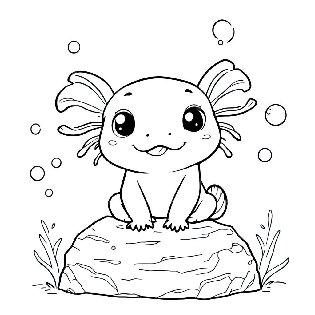 صفحه رنگ‌آمیزی برای کودکان: آکسولوتل بامزه و خندان روی سنگ