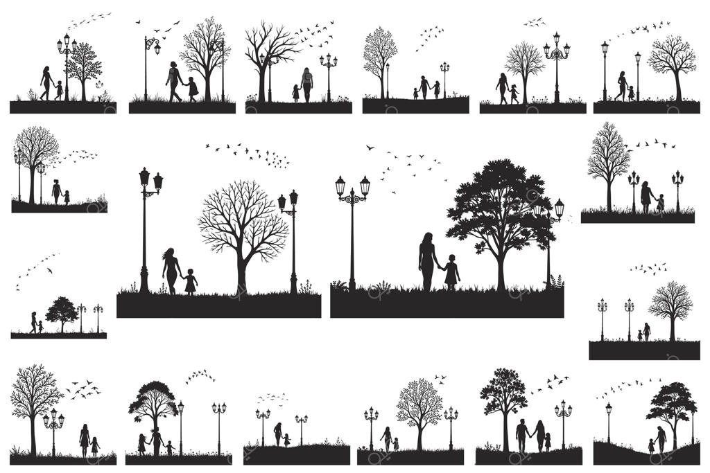 خانواده‌ای در حال قدم‌زدن در پارک با درختان و چراغ‌های خیابان