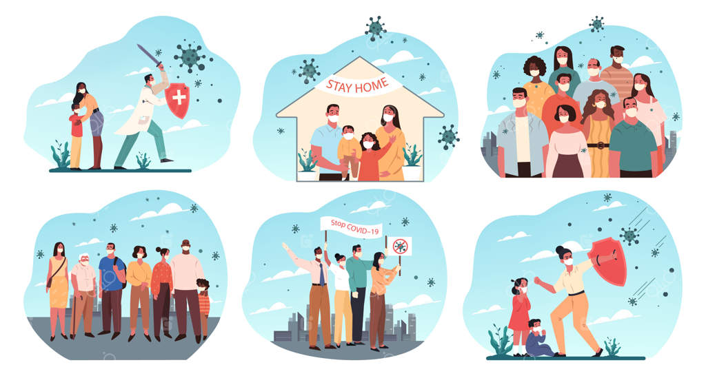 مفهوم کروناویروس، مراقبت‌های بهداشتی، اعتراض و حفاظت. مجموعه‌ای از مردم چند قومیتی و پزشکان با ماسک پزشکی در قرنطینه، در حال اعتراض و حفاظت در برابر ویروس