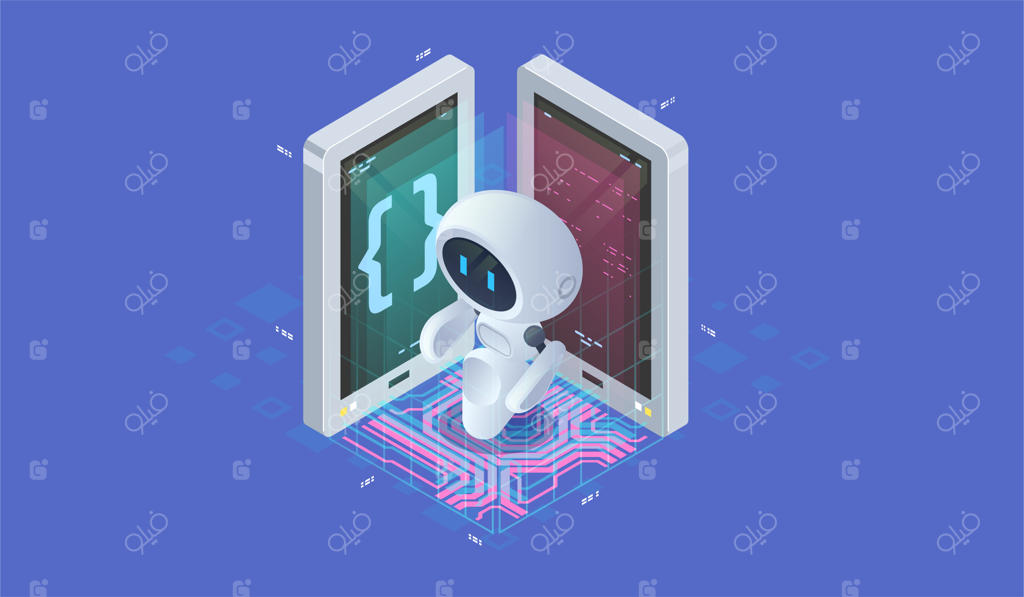 هوش مصنوعی ایزومتریک: پس‌زمینه تکنولوژی شبکه عصبی یا هوش مصنوعی با ربات کوچک. مفهوم چت‌بات.