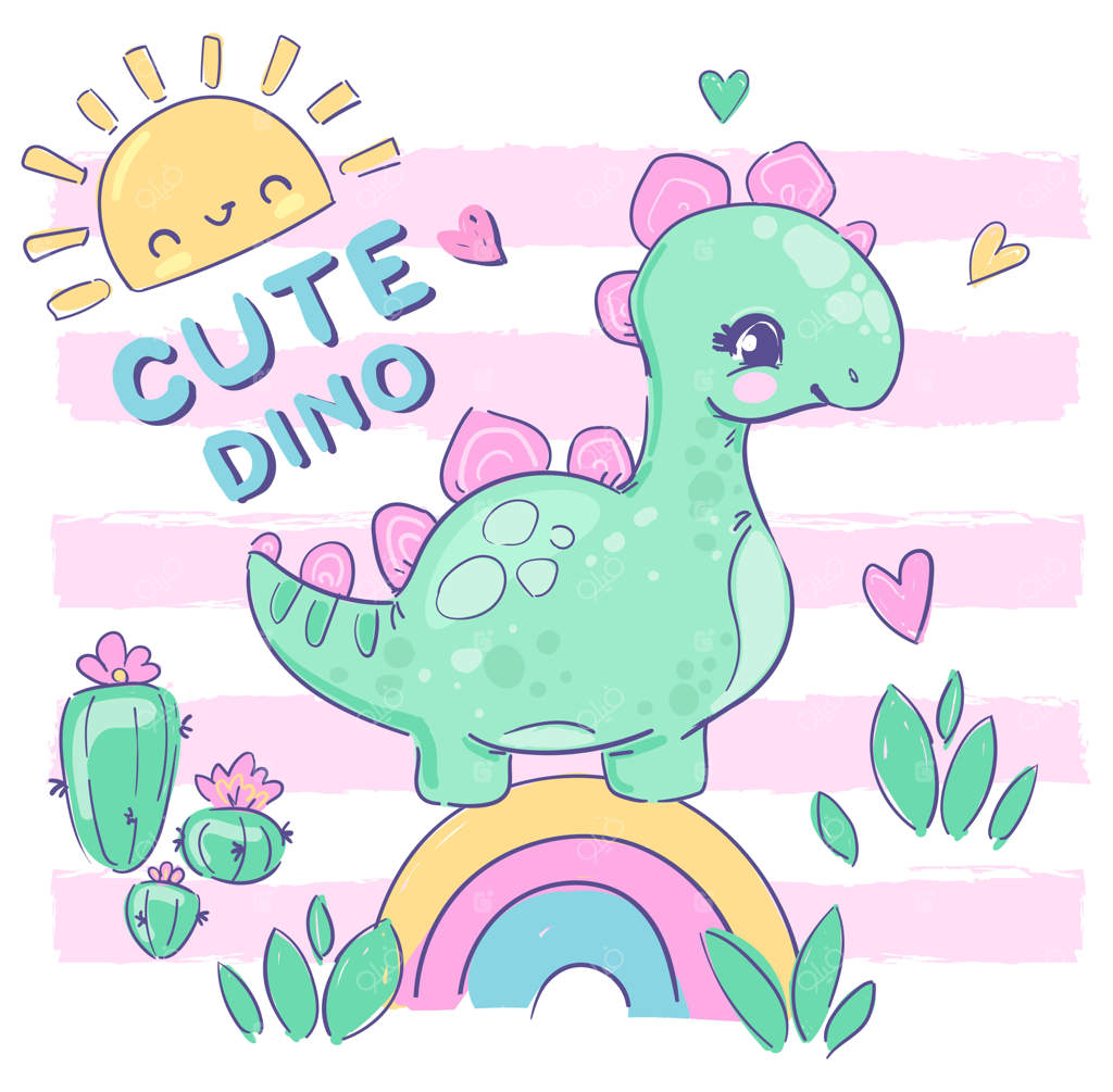 دختر کوچولوی دایناسور - طرح تابستانی دست‌کشیده برای تیشرت بچه‌ها - تصویر وکتور