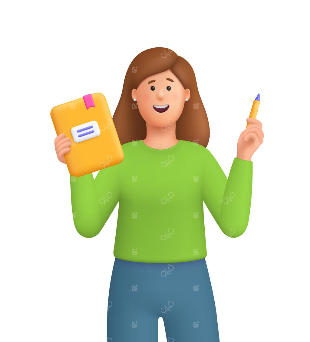 زن شادی که دفترچه یادداشت و قلم در دست دارد