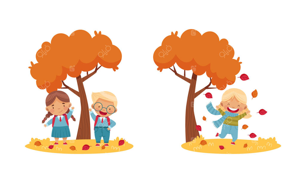 مجموعه فعالیت‌های فصلی در فضای باز: تصویر بچه‌های بامزه در حال پیاده‌روی و بازی در پارک پاییزی