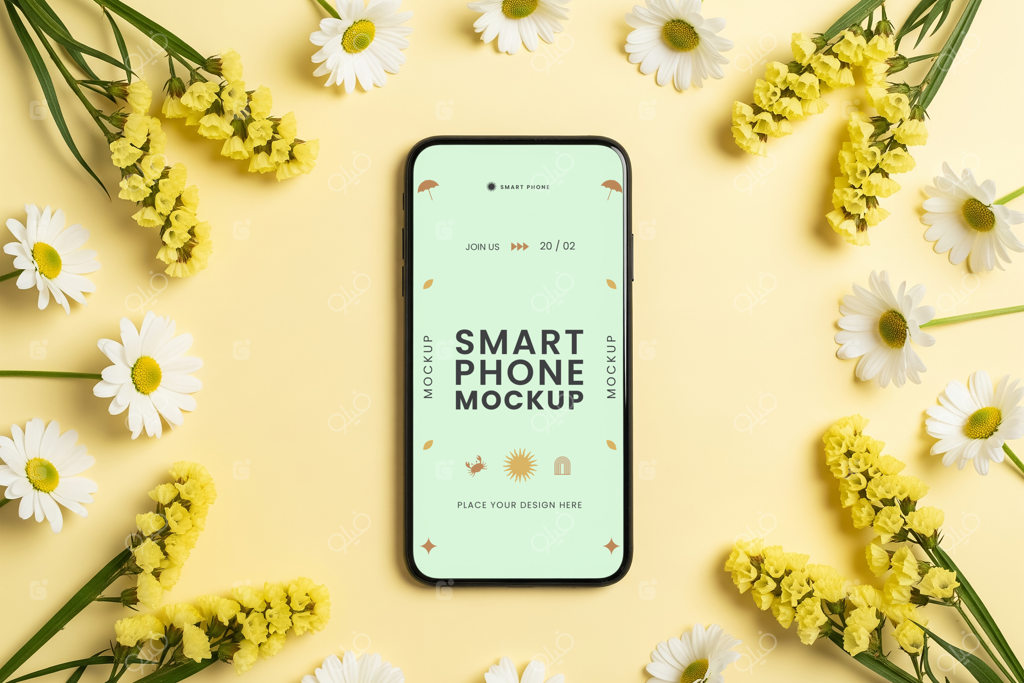 موکاپ گوشی هوشمند در پس‌زمینه زرد با گل‌های بابونه سفید و زرد؛ چیدمان فلت‌لی با نورپردازی ملایم و طراحی هنری