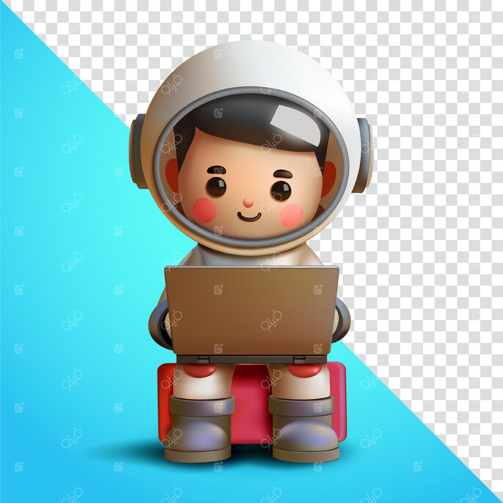 فضانورد با لپ‌تاپ، سه‌بعدی. مناسب برای آموزش و عناصر طراحی