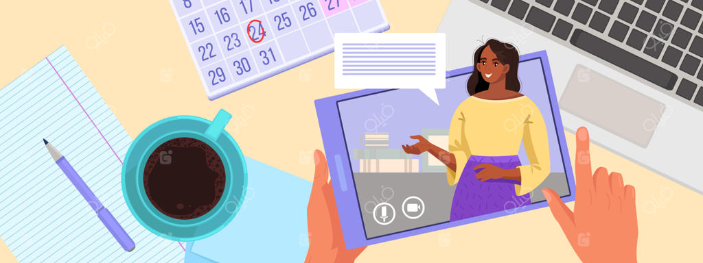 تصویرسازی ویدئو کنفرانس و وبینار آنلاین با صفحه نمایش، مرد و زن در حال گفتگو و کتاب