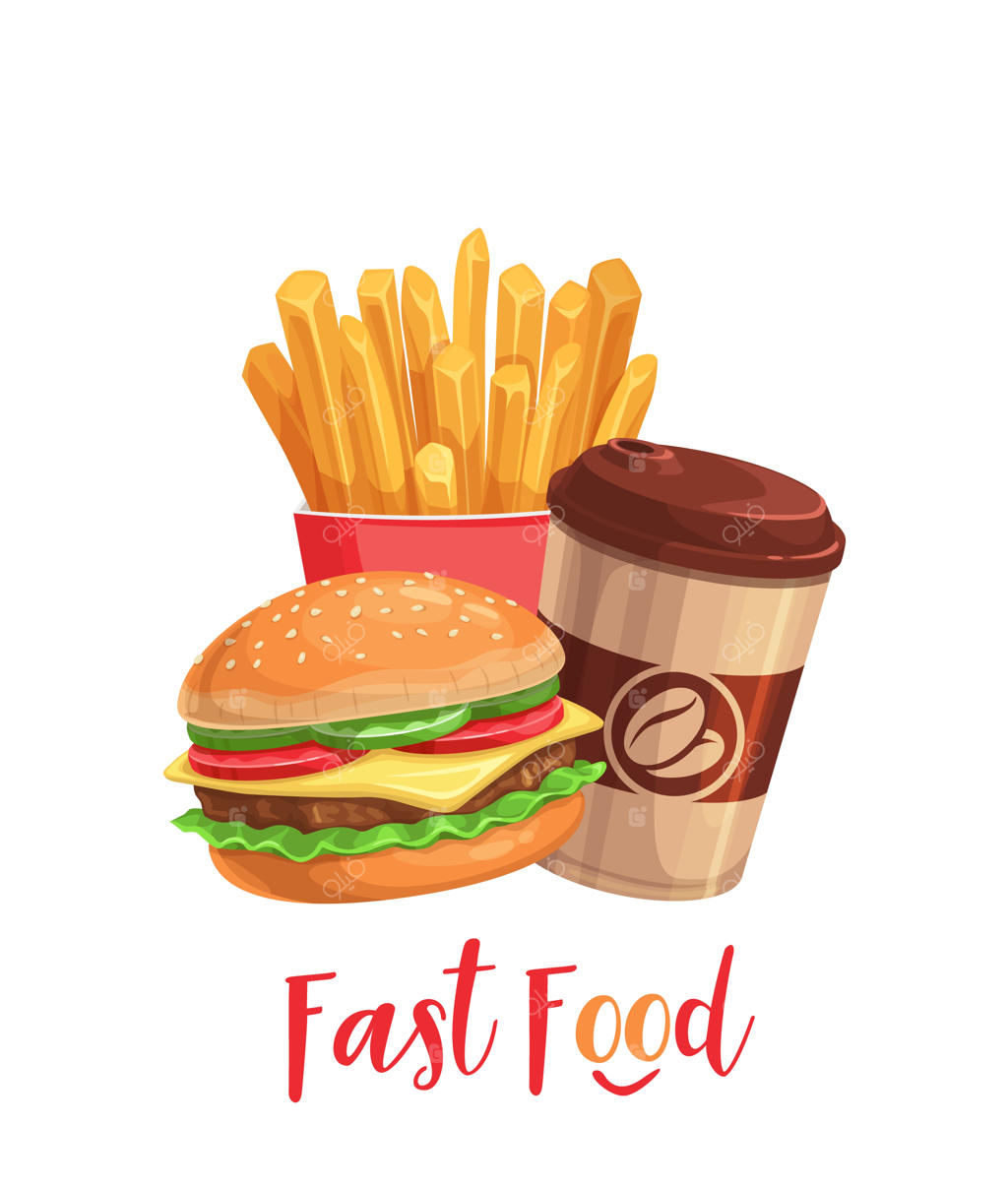 بنر فست‌فود و غذای خیابانی؛ شامل لیوان قهوه، همبرگر و سیب‌زمینی سرخ‌کرده بیرون‌بر