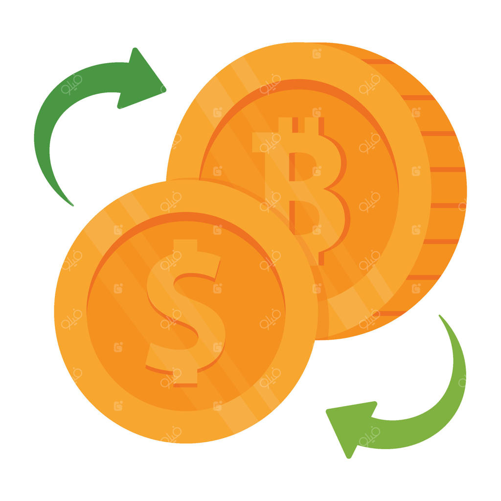 سکه‌های دلار و بیت‌کوین با فلش‌هایی که تبدیل ارز دیجیتال را نشان می‌دهند.