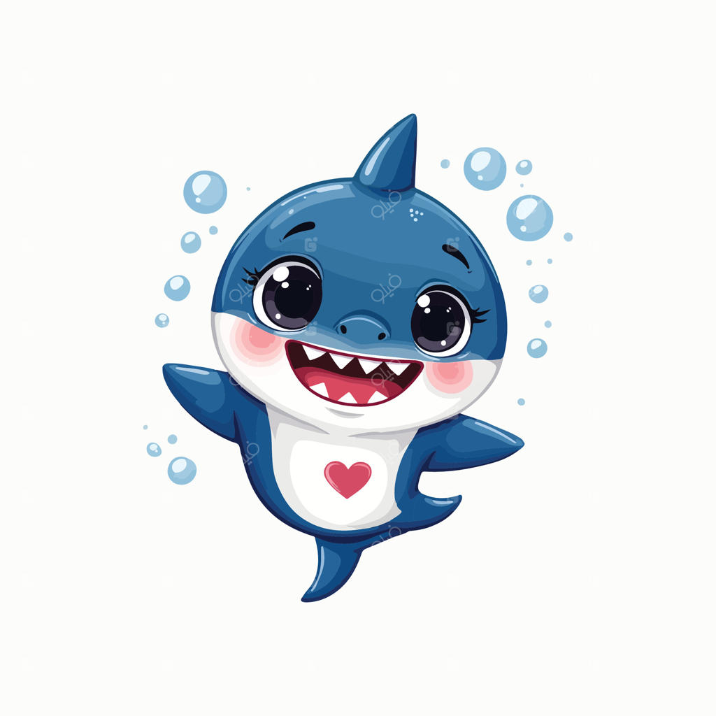 کوسه بامزه با نماد قلب روی سینه در یک نقاشی کارتونی شاد