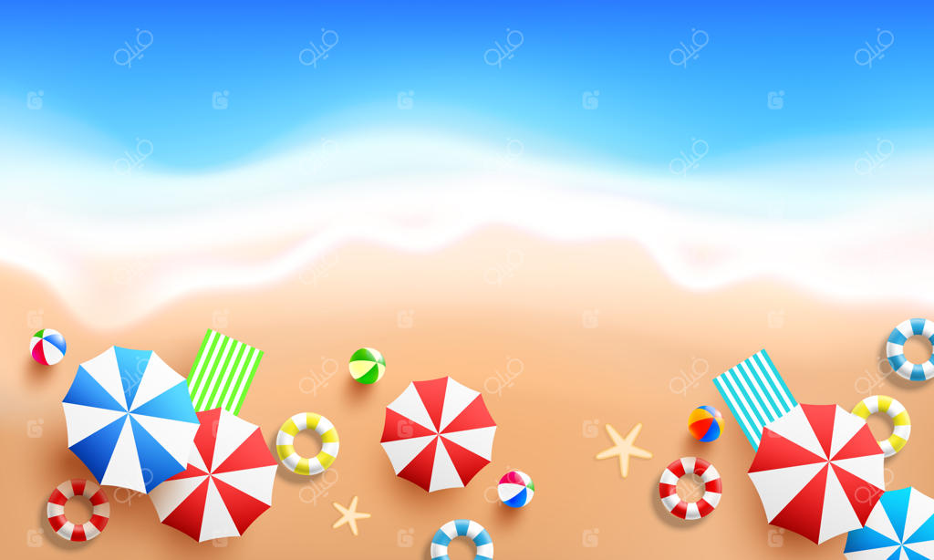 نمای بالا از ساحل: موج دریا، چترهای رنگارنگ، حلقه شنا و توپ ساحلی. طراحی مدرن و زیبا برای تابستان و ساحل.