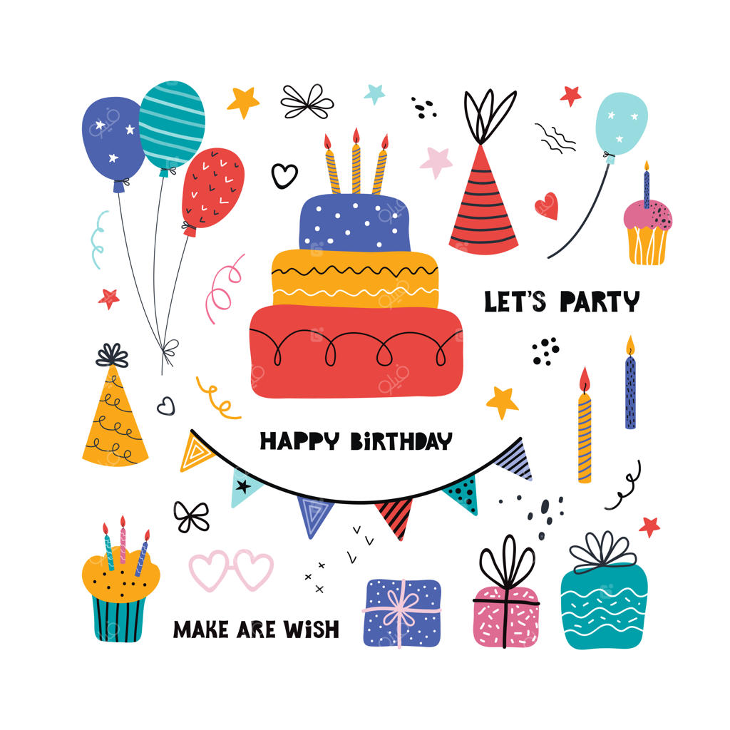 مجموعه المان‌های جداگانه جشن تولد با سبک تصویرسازی دستی