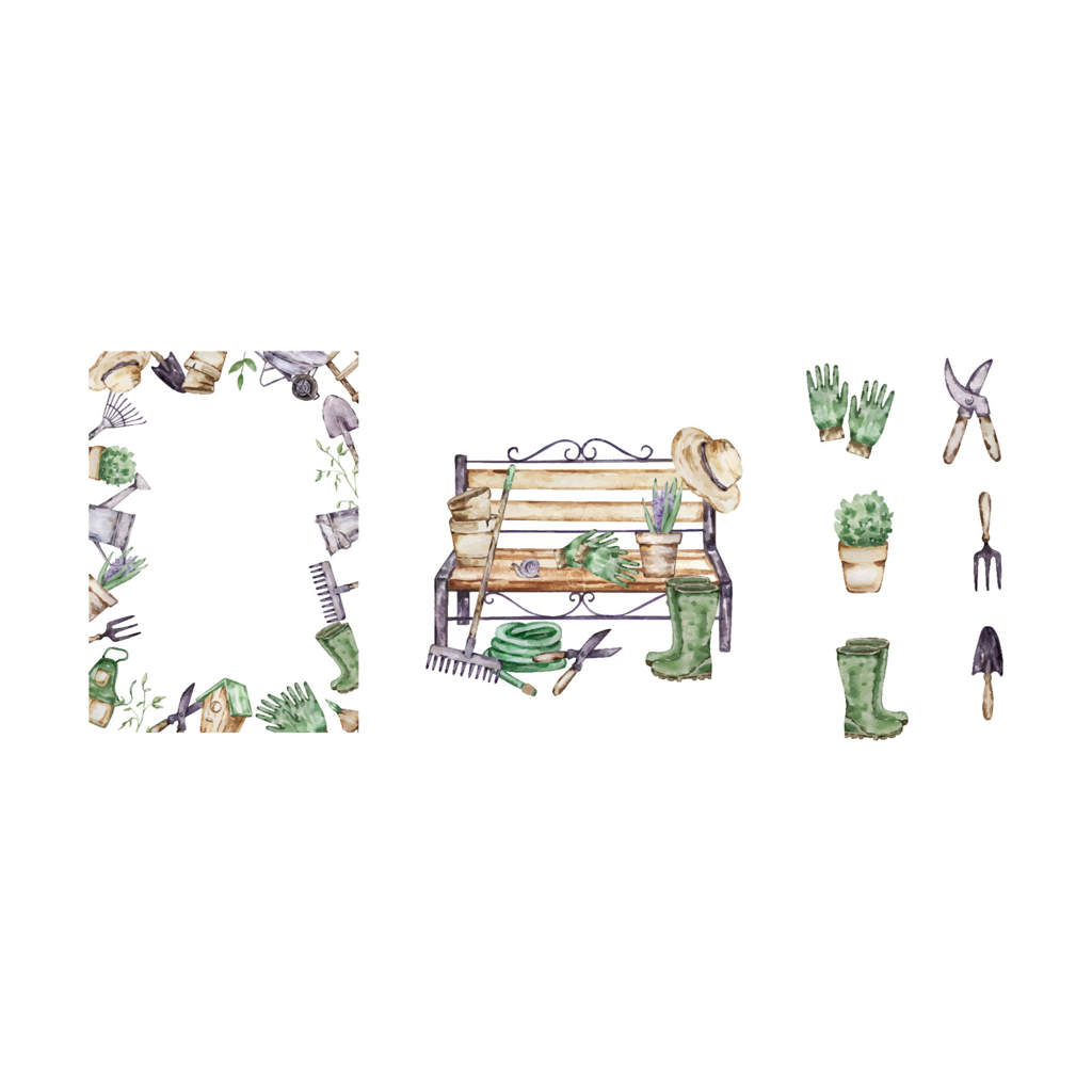 قاب باغ آبرنگی با عناصر ابزار باغبانی
