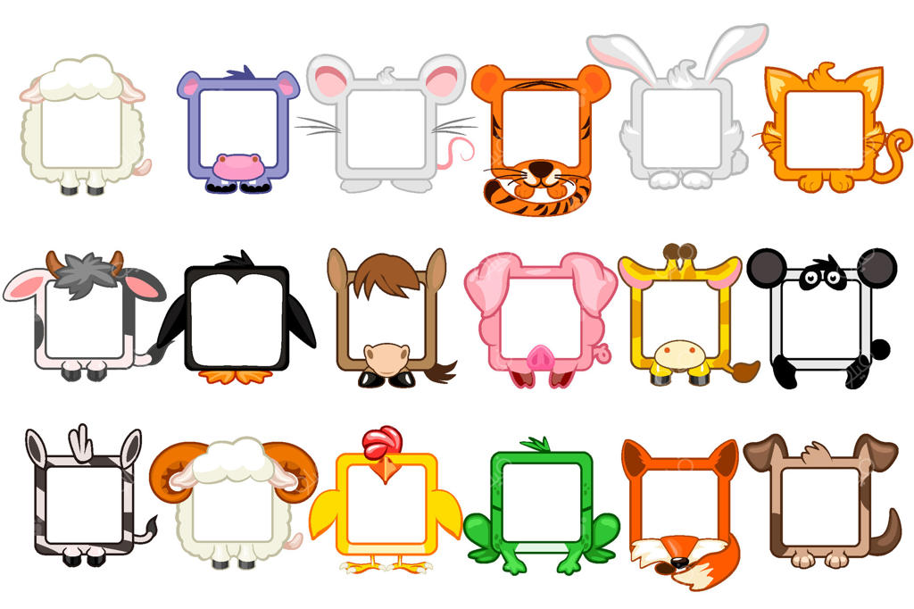 مجموعه‌ای از قاب‌های حیوانی مربعی. آواتار کارتونی برای بازی‌های رابط کاربری. قاب حیوانی خالی برای دکور، چاپ یا برچسب‌های کودکان شما.