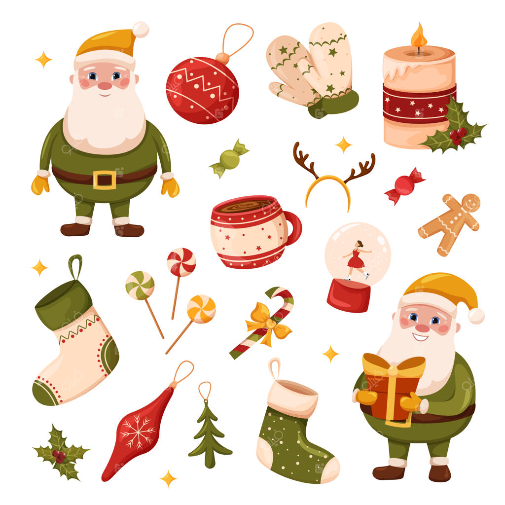 مجموعه‌ای از اسباب‌بازی‌ها و تزئینات کریسمس، یک فنجان قهوه و دستکش‌های گرم، بابا نوئل با کت سبز