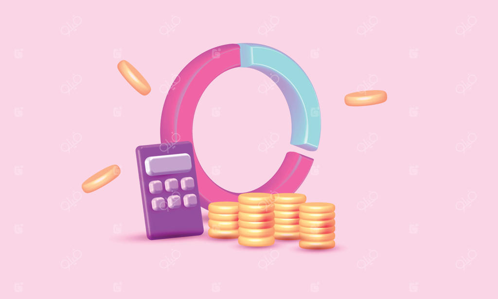 صرفه‌جویی در پول: مفهوم آموزش مالی و اقتصادی با نمودار بانکی و ماشین حساب سه‌بعدی در پس‌زمینه صورتی.