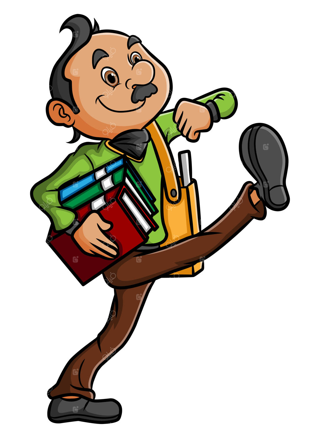 پیرمرد سرزنده با بغلی پر از کتاب در حال قدم زدن