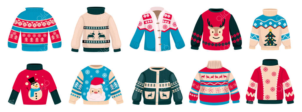 ژاکت‌های دست‌ساز کریسمس بافتنی مجموعه‌ای رنگارنگ از لباس‌ها برای بزرگسالان و کودکان با شخصیت‌های بامزه گوزن شمالی، بابا نوئل و آدم‌برفی - تصویرسازی وکتور