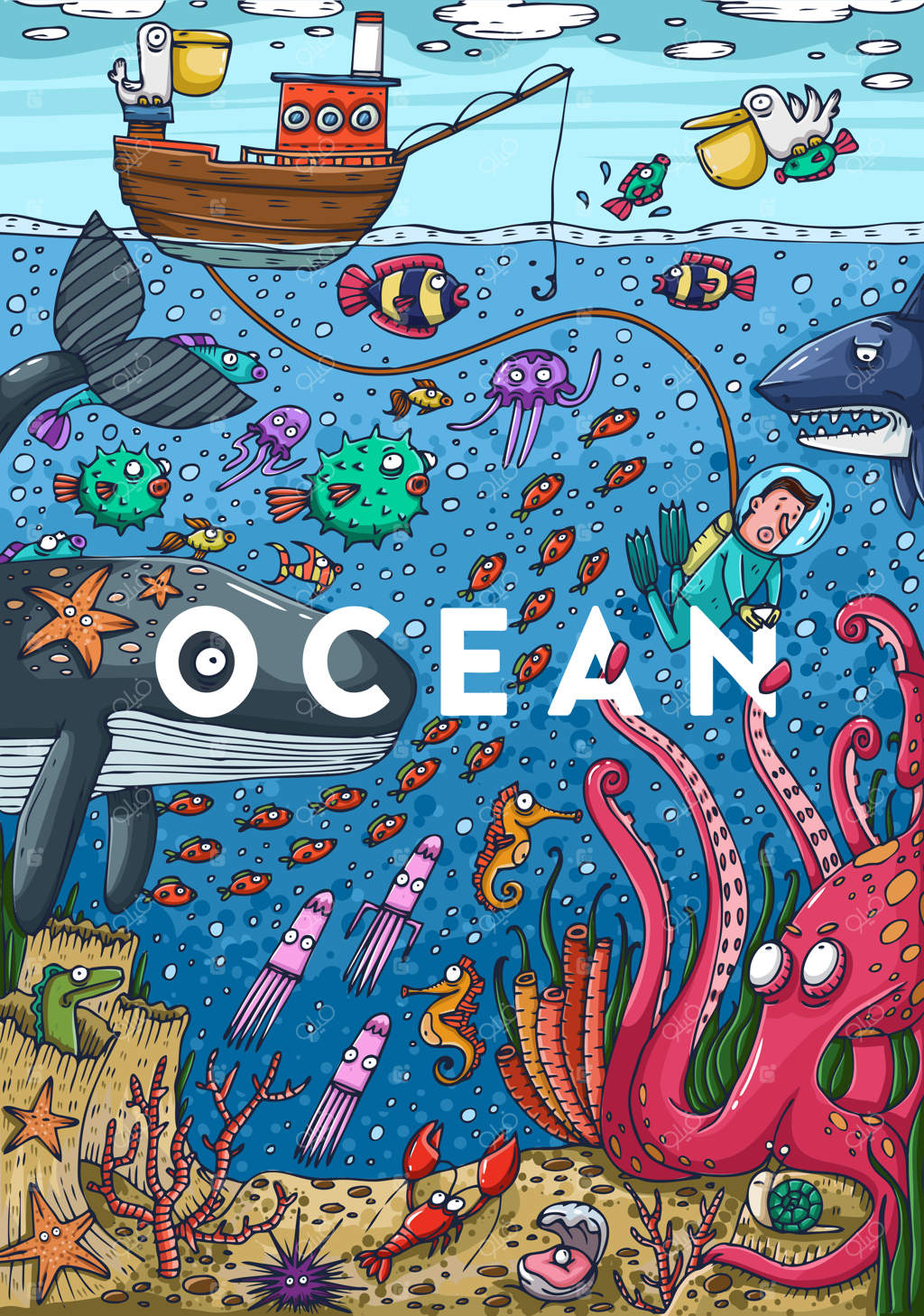 تصویر رنگی و دقیق: زندگی زیر آب. تصویرسازی وکتور